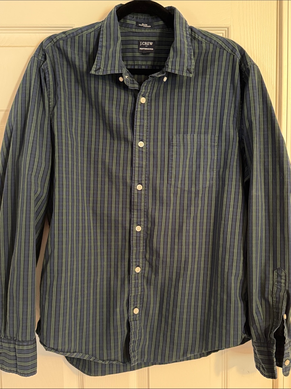 J. Crew Slim Untucked Performance Striped Long-Sleeve Shirt in Blue and Green L